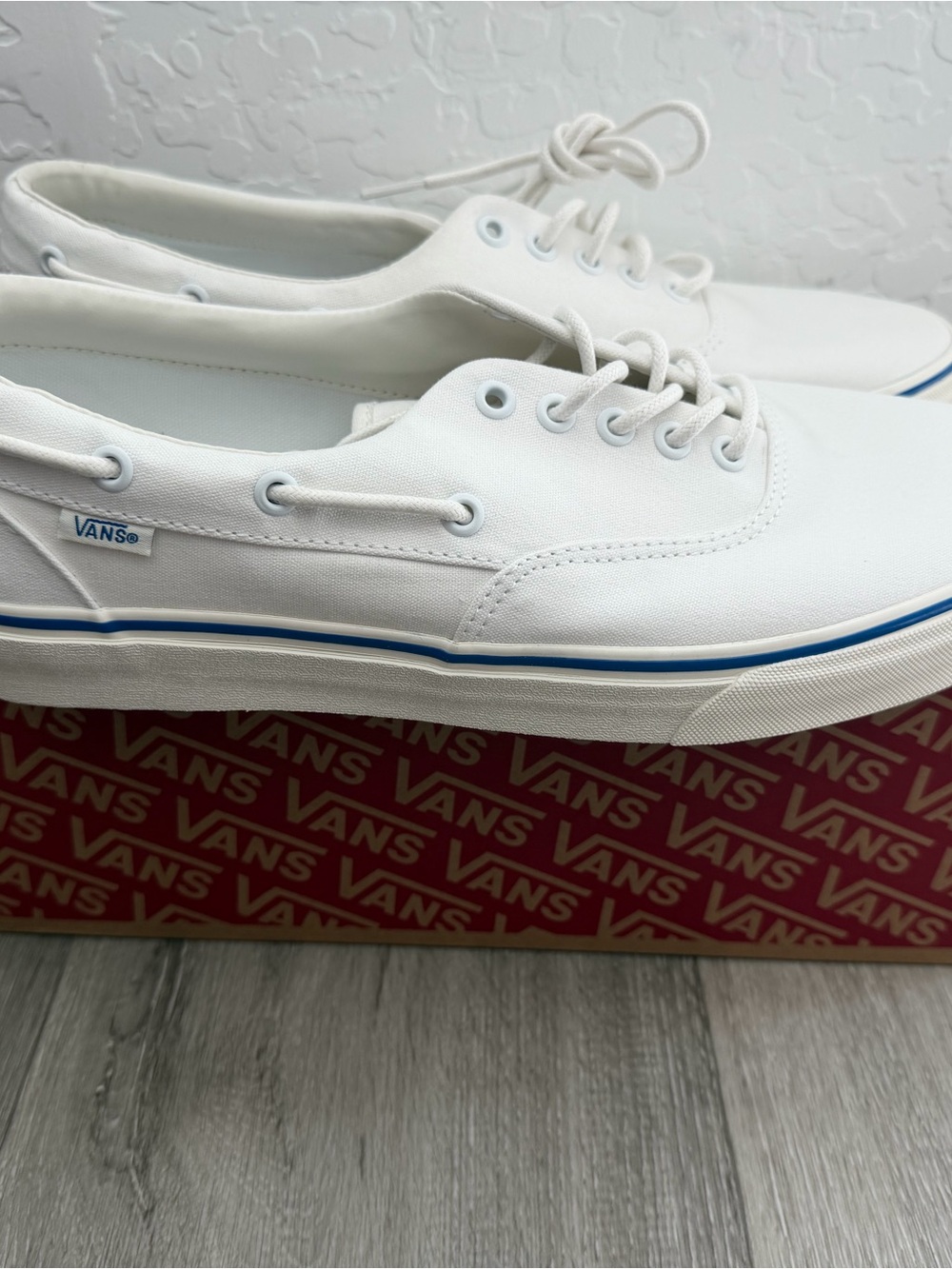 Vans White Canvas Low-Top Sneakers with Blue Trim